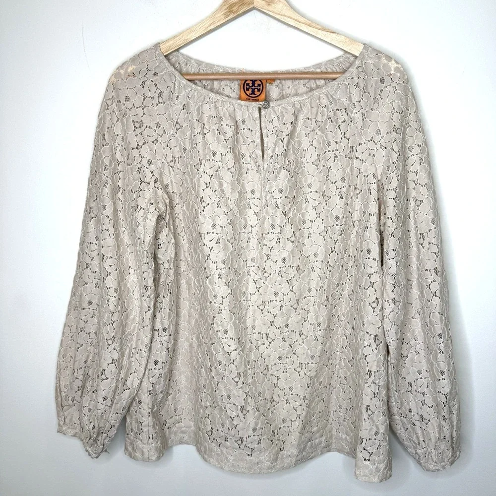 Tory‎ Burch Lace Blouse Top 10 Beige Neutral Cottage Whimsical Coastal Peasant